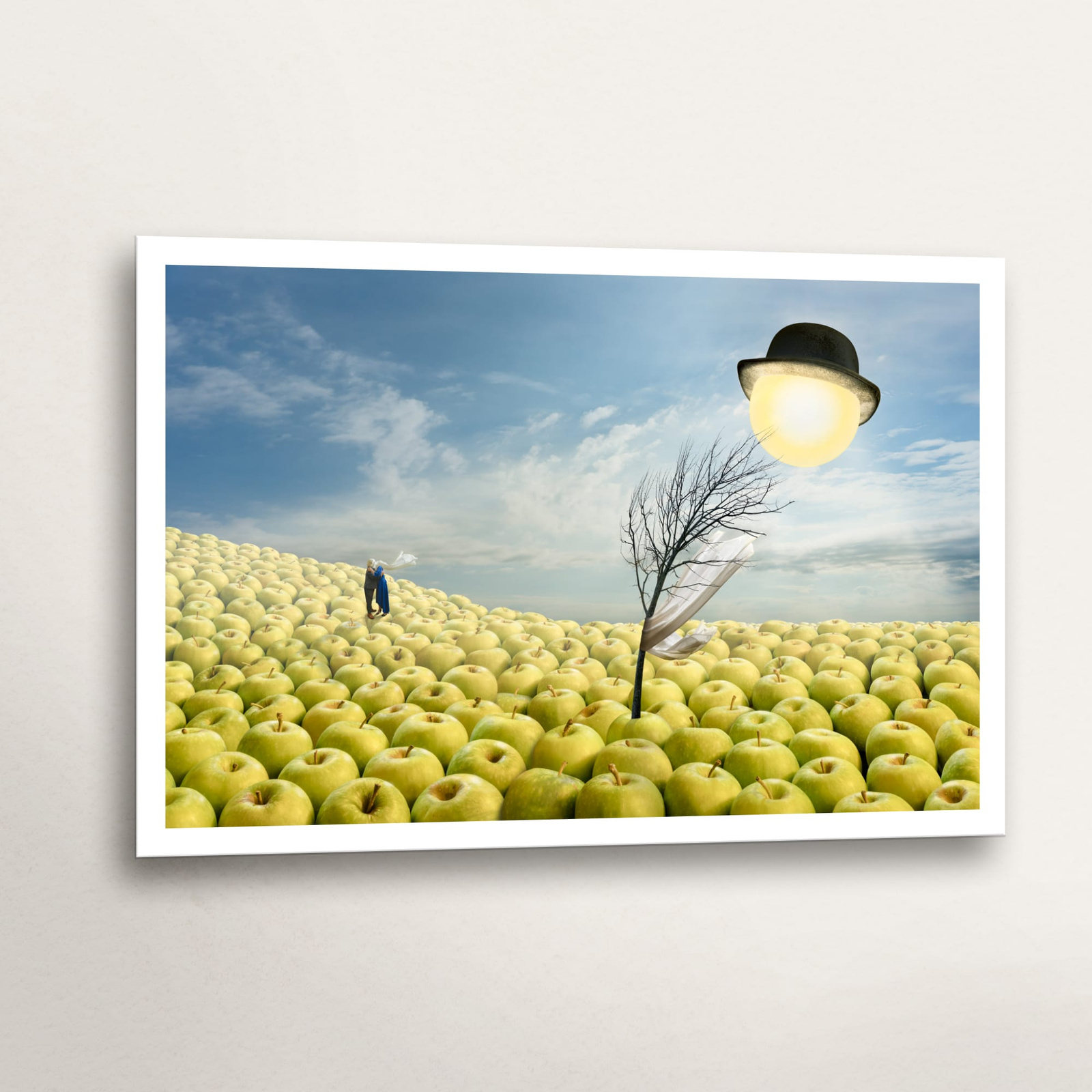 A surreal dreamscape where veiled lovers embrace on a distant hill beneath a whimsical sun.